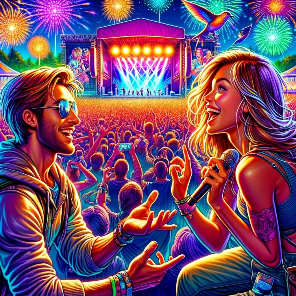 Amigos curtindo juntos um festival de música ao ar livre com a multidão
