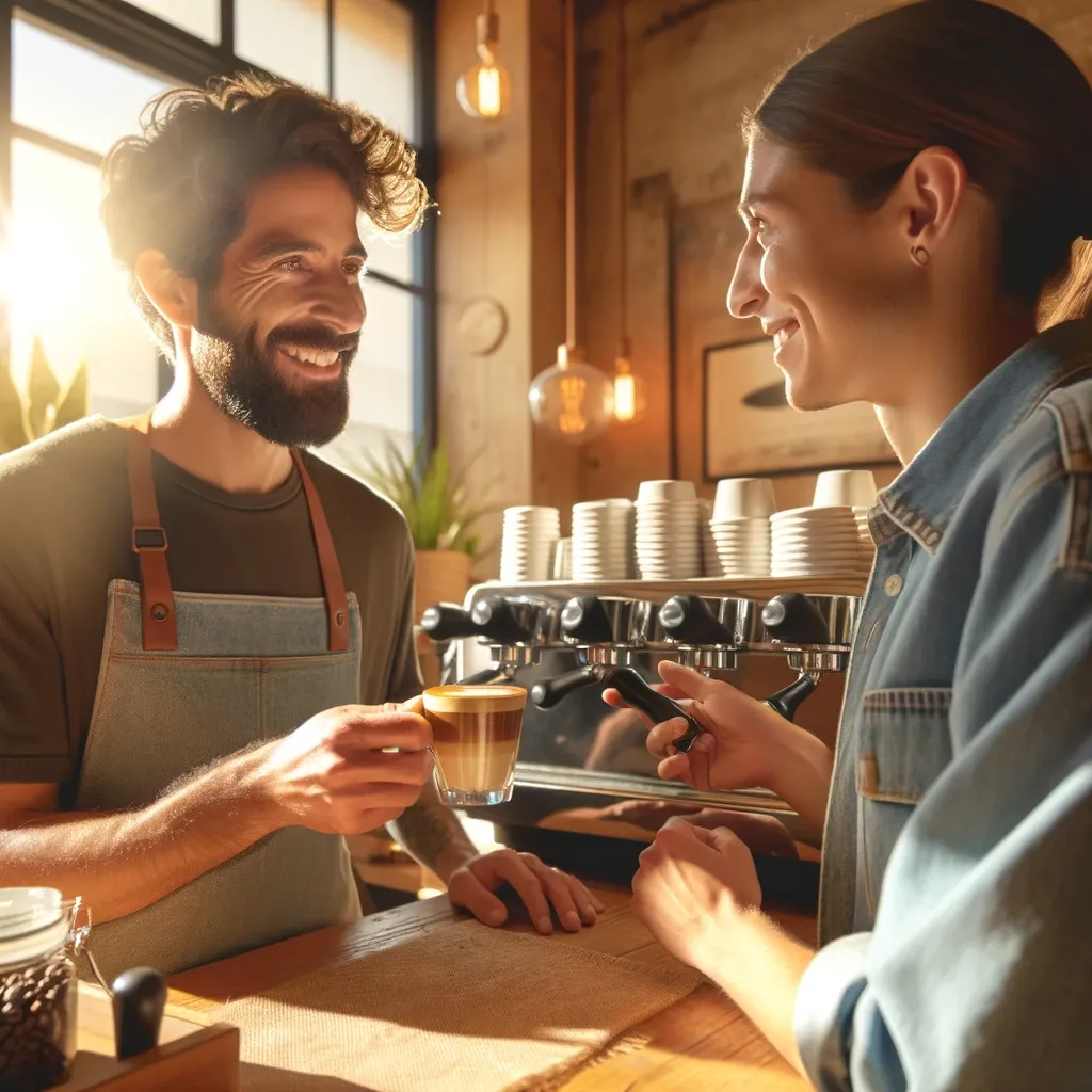 Cliente conversando com barista em uma cafeteria nova no centro da cidade