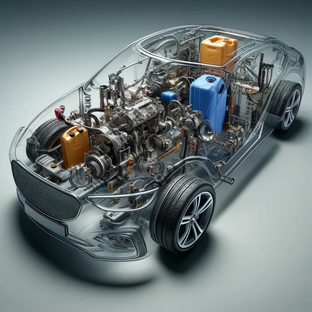 Sistema de combustível (fuel system), que armazena e fornece combustível ao motor.