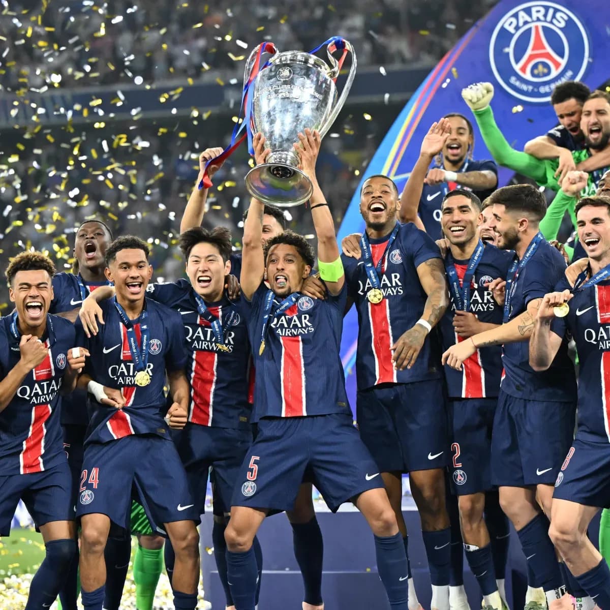 Jogadores do PSG erguendo a taça da Champions League como campeões