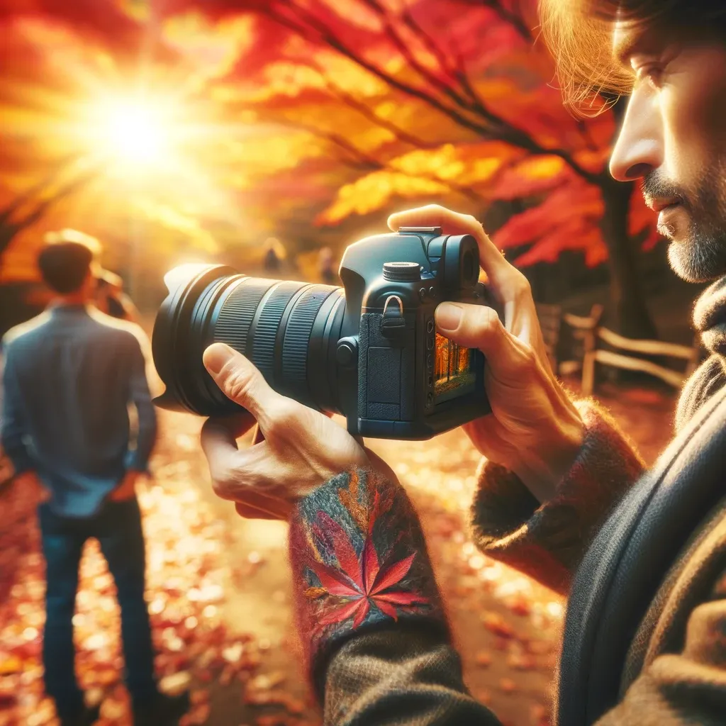 Pessoa fotografando paisagens de outono durante uma aula de fotografia