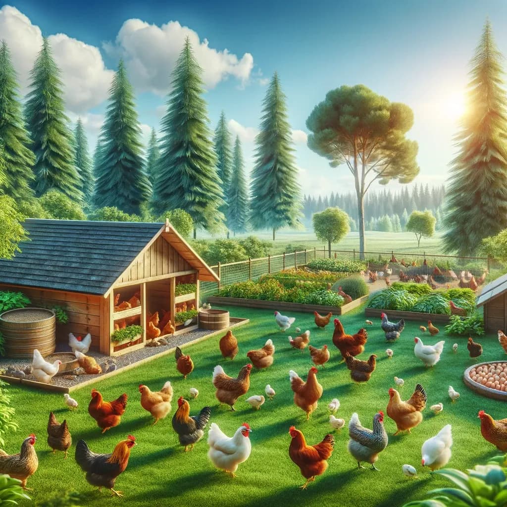 Galinhas e pintainhos em uma fazenda, ilustrando o vocabulário de aves do texto em inglês