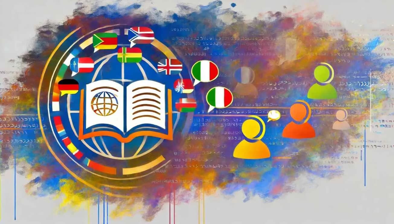 Ilustração de 'A Língua Mais Fácil de Aprender', com livros e bandeiras, para site de inglês.