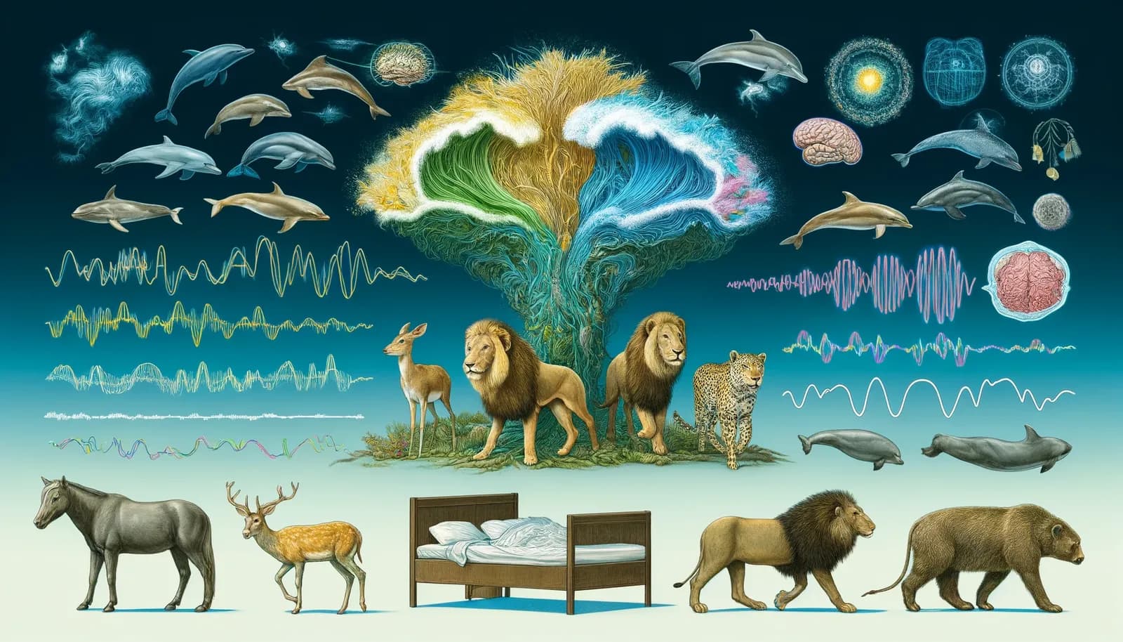 Ilustração científica relacionando sono, atividade cerebral e evolução das espécies