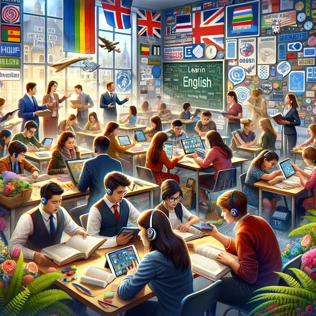 vários alunos estudando línguas individualmente