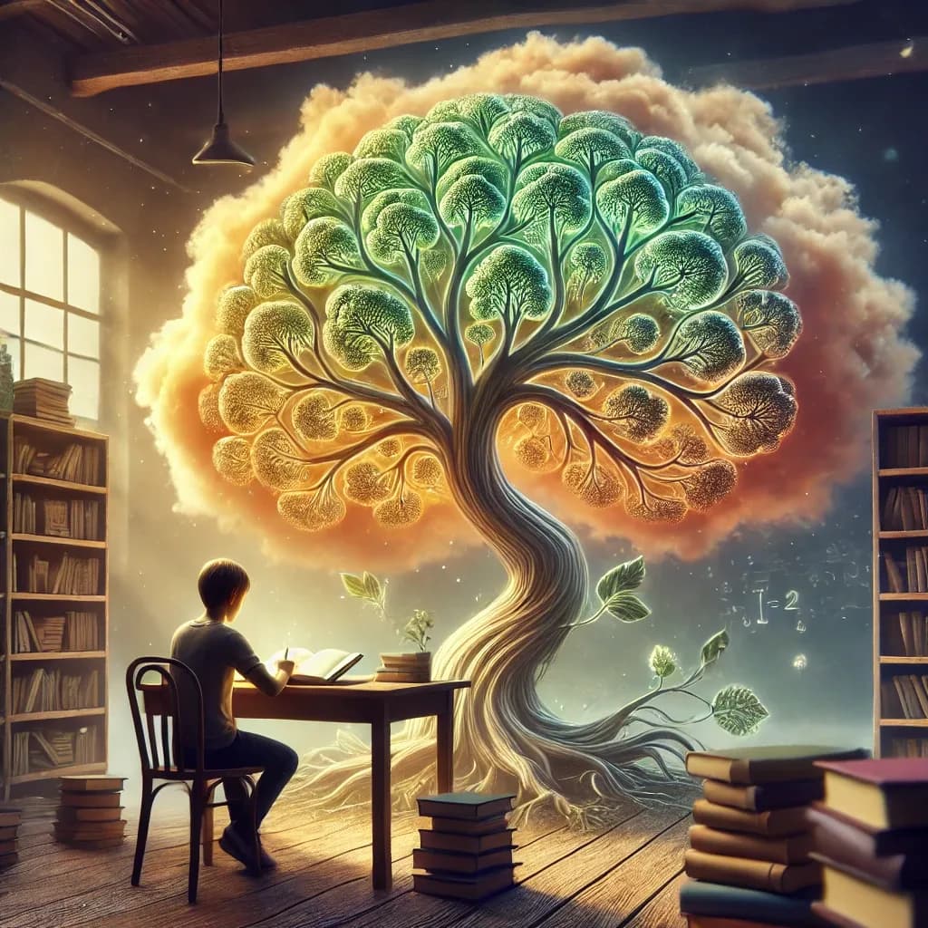 Menino estudando em biblioteca, ilustrando o mindset de crescimento