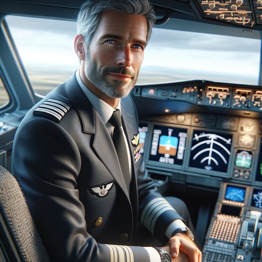 Piloto de avião comercial na cabine, profissão que exige treinamento rigoroso e certificação.