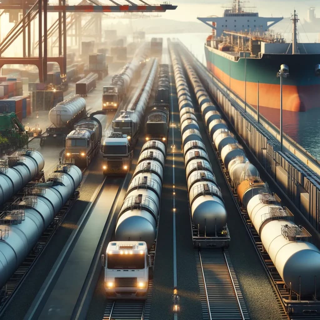 Distribuição de derivados de petróleo por caminhões e navios-tanque, ilustrando o vocabulário de market delivery em aula de inglês