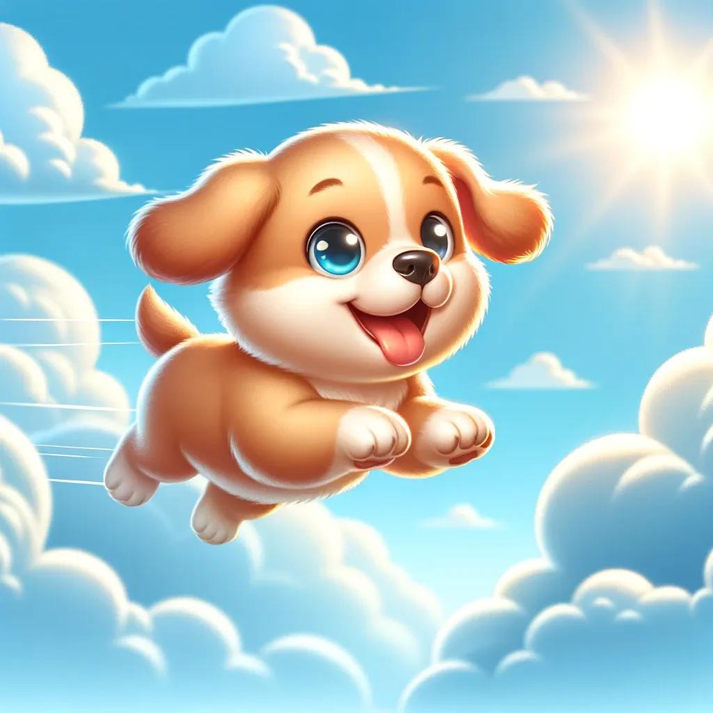 Ilustração lúdica de um filhote de cachorro voador feliz, personagem do conto mágico sobre o País das Maravilhas do Além