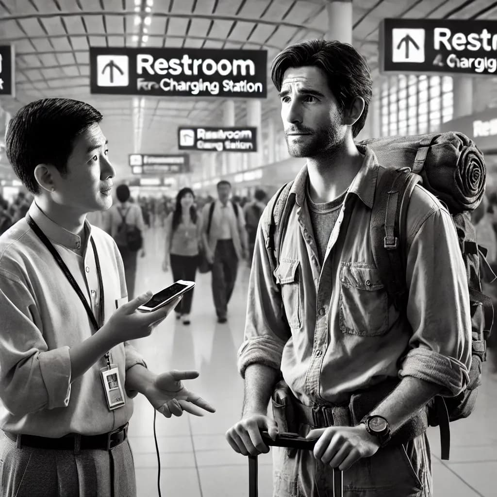 Aeroporto com painéis de embarque, cenário para diálogos em inglês ao pedir ajuda e direções