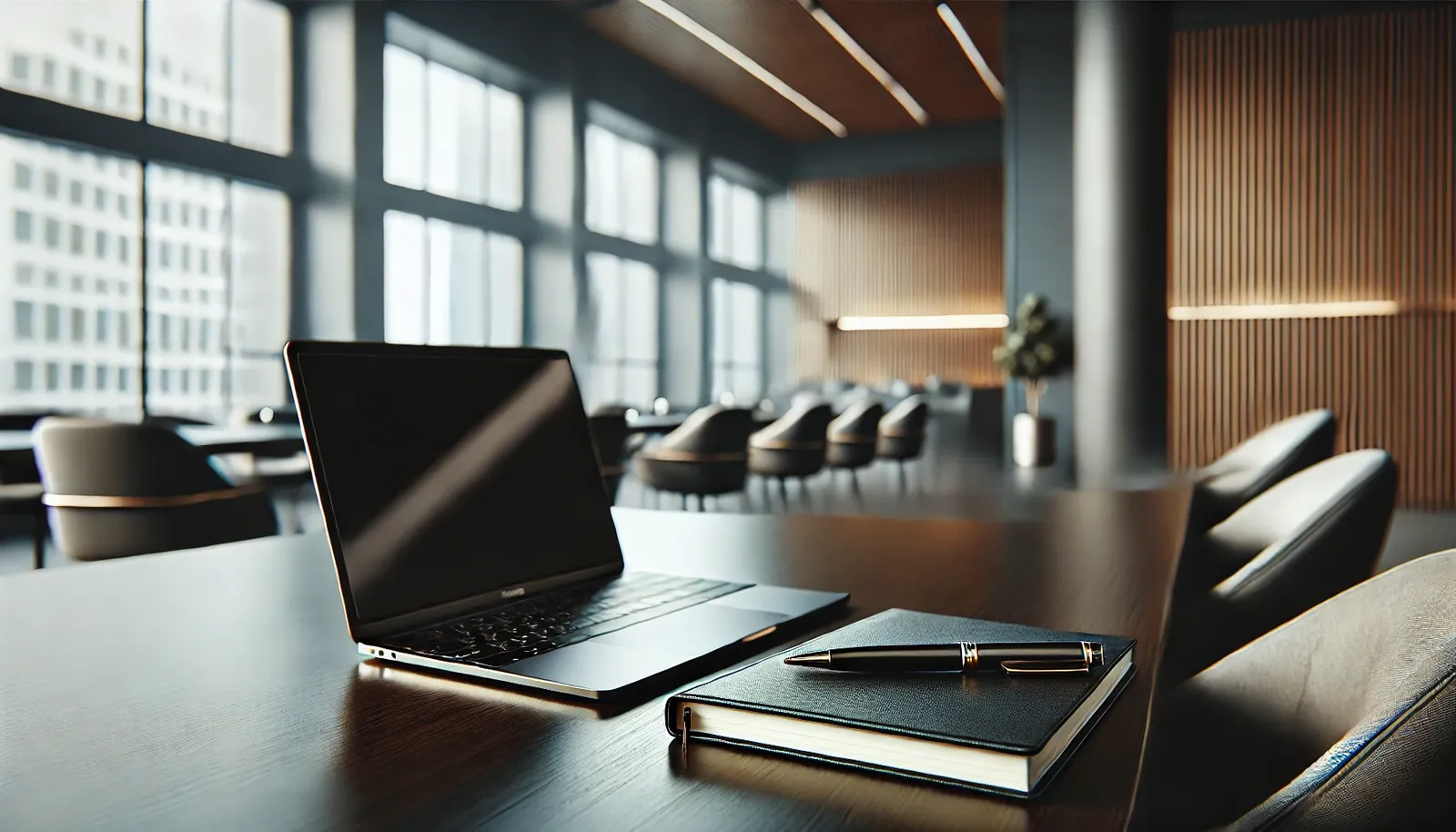 Imagem minimalista e hiper-realista de uma mesa executiva moderna com notebook, caderno e caneta, em ambiente profissional de escritório, destacando conceitos de aprendizado de inglês, conectivos, conective e linking words. A luz natural entra pelas grandes janelas, criando uma atmosfera organizada e focada, ideal para ilustrar conteúdos sobre uso de conectivos em inglês para comunicação executiva