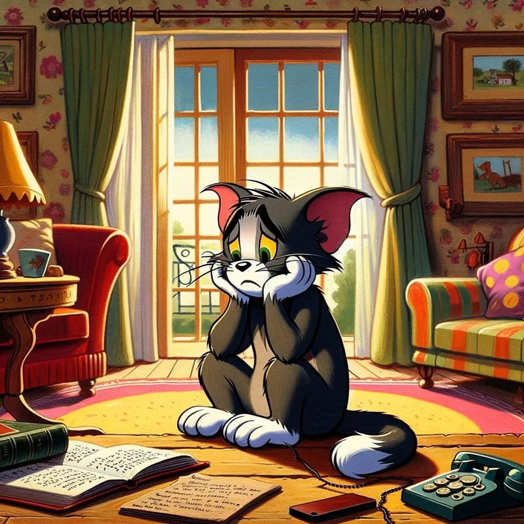 Ilustração do gato Tom triste porque não pegou Jerry, em texto de inglês nível A1