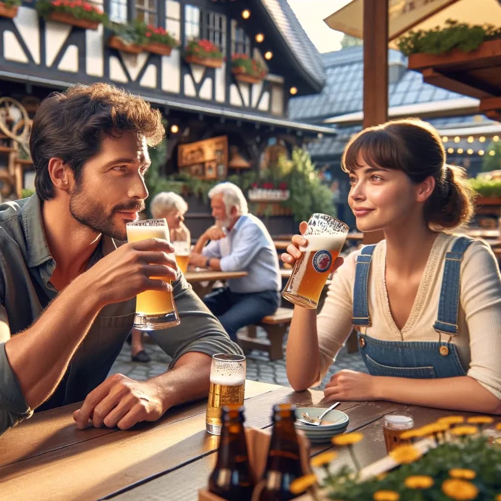 Amigos conversando em um charmoso Biergarten alemão, com canecas de cerveja, enquanto misturam palavras alemãs ao inglês.