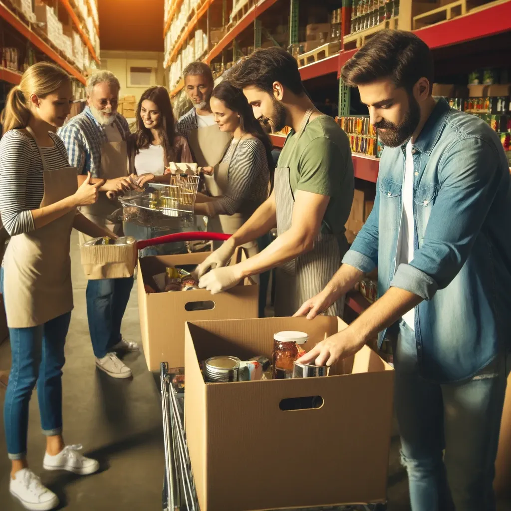Equipe voluntária organizando uma campanha de arrecadação de alimentos