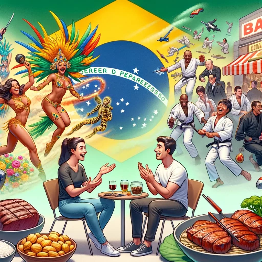 Cena vibrante da cultura brasileira, com cores e elementos festivos que representam a influência do Brasil pelo mundo
