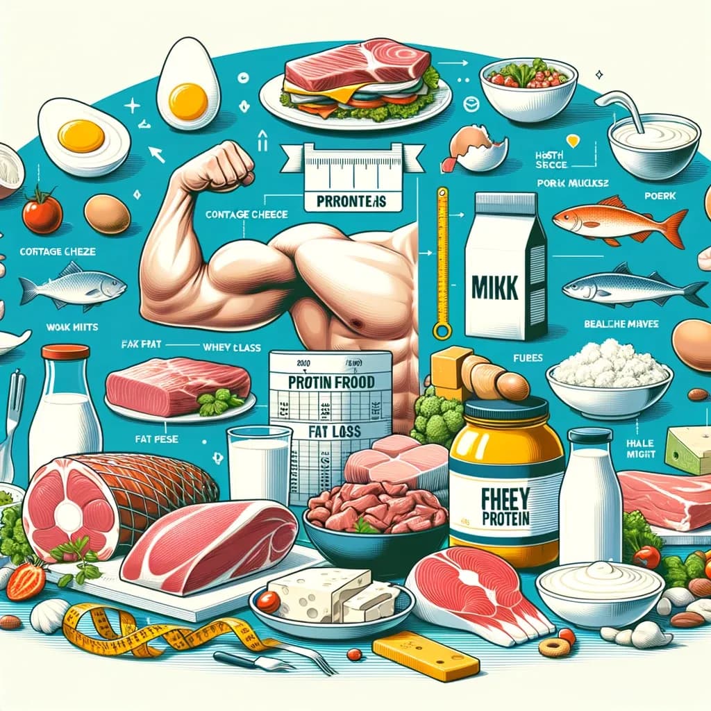 Alimentos ricos em proteína como ovos, carne e frango, tema da aula de inglês B1 sobre músculo e gordura