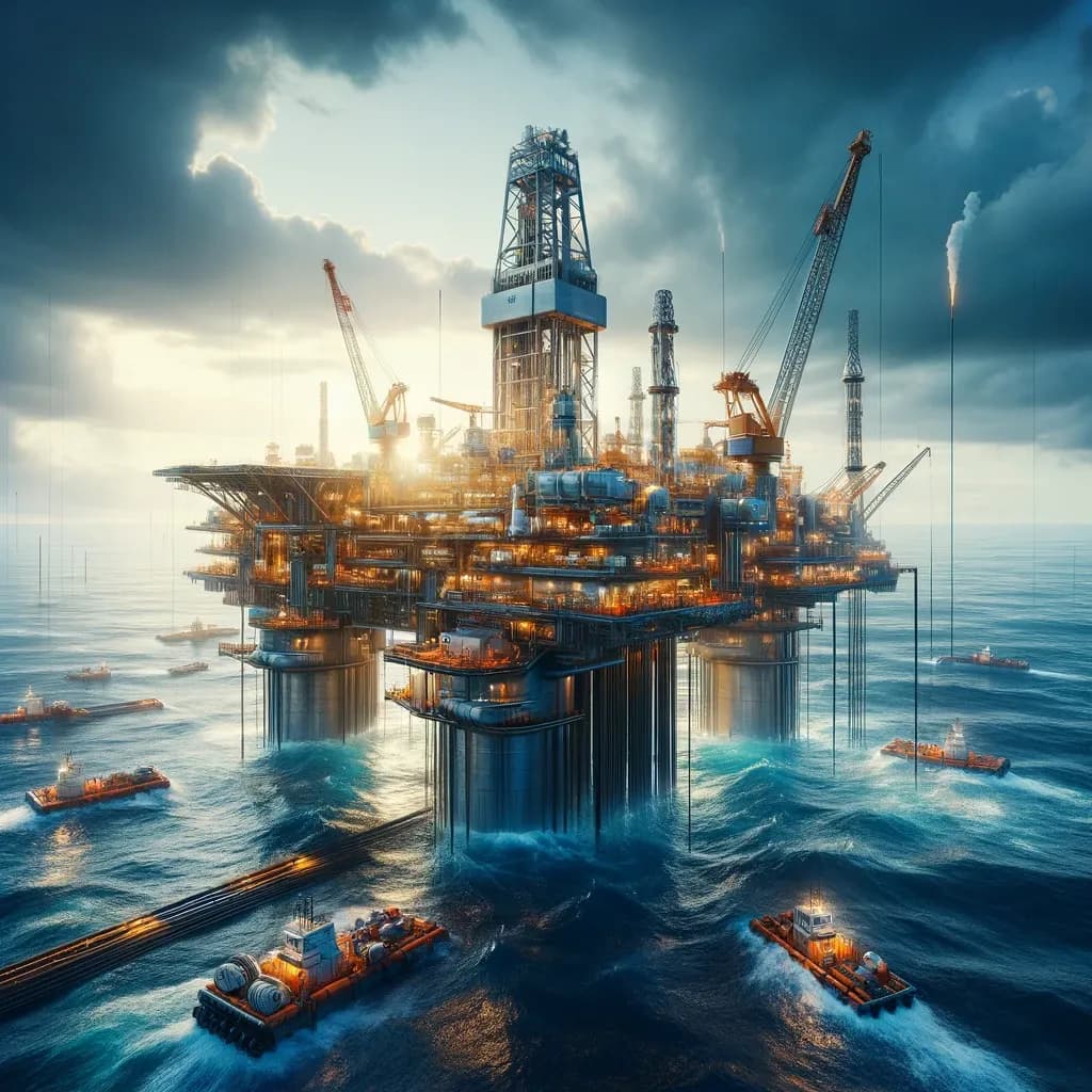 Plataforma de petróleo no meio do oceano para perfuração offshore, ilustrando o vocabulário de drilling em aula de inglês