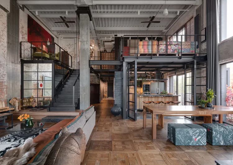 Loft com pé-direito alto e planta aberta, convertido de espaço industrial, com visual amplo e moderno.