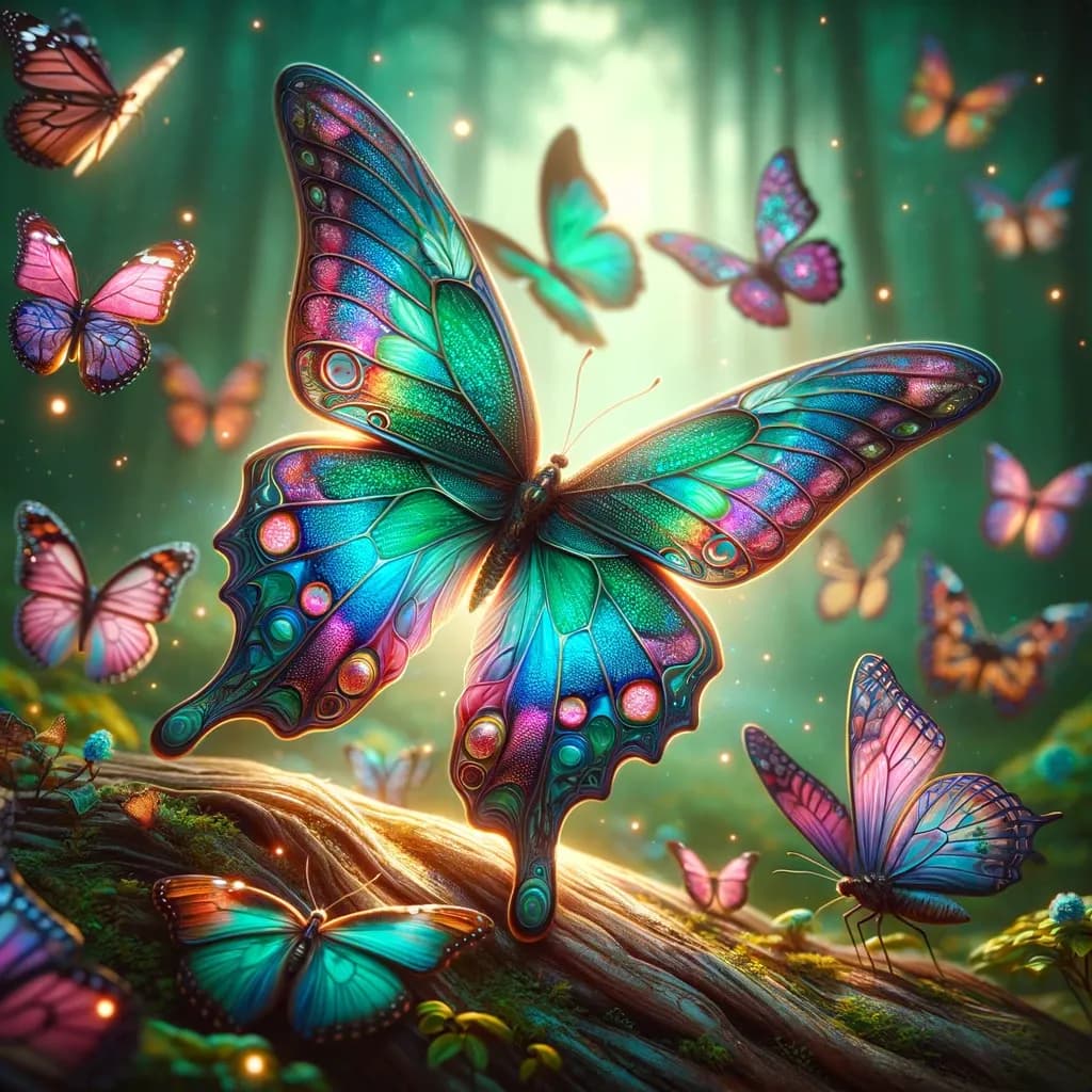 Ilustração de borboletas coloridas que voam pelo encantado País das Maravilhas do Além