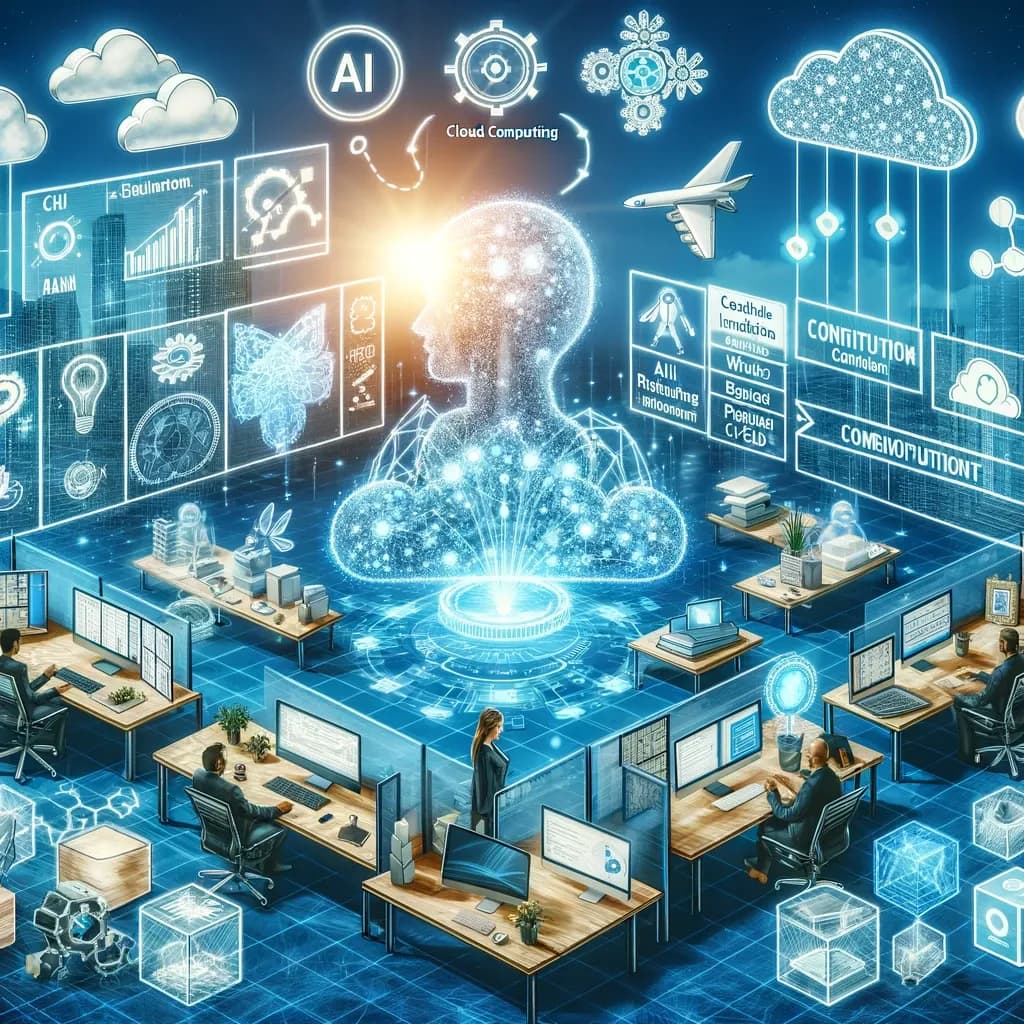 Ilustração de tecnologias modernas como nuvem, inteligência artificial e IoT para treinar inglês