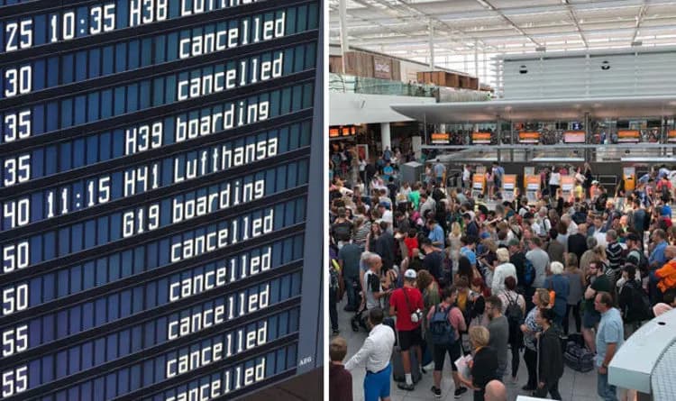 Longa fila de passageiros buscando informações no aeroporto após cancelamentos