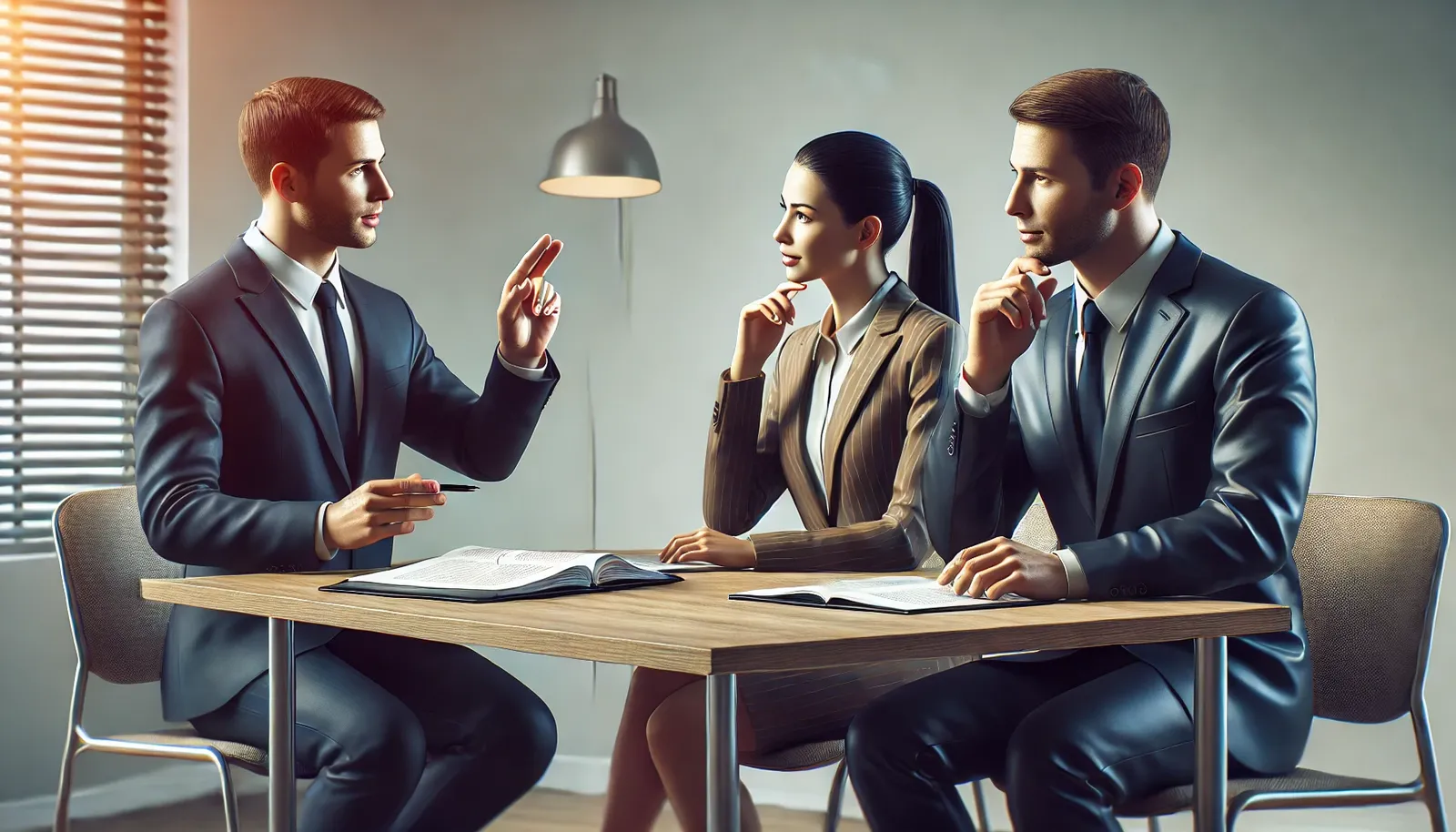 Um coach ensinando dois executivos a melhorar a pronúncia das palavras em inglês em uma sala de conferência moderna
