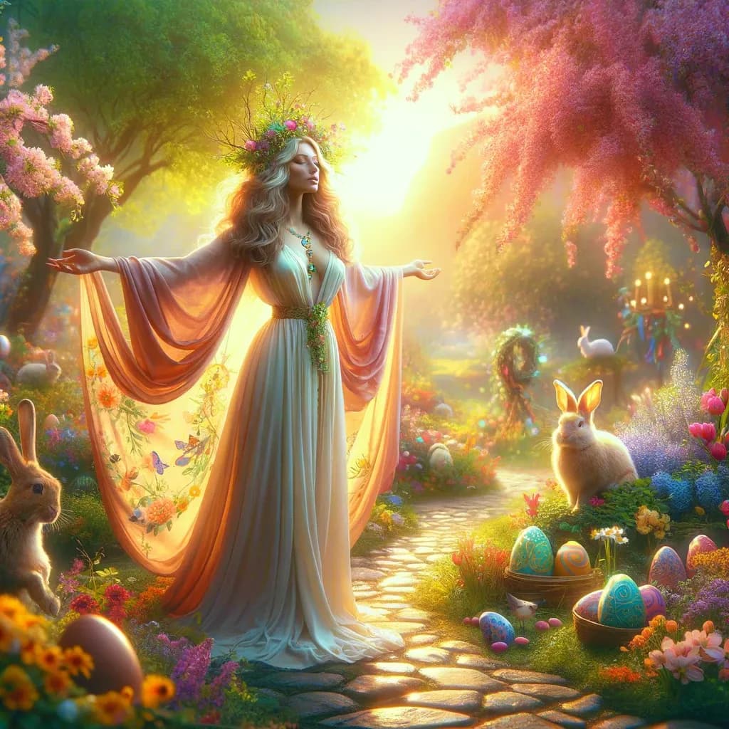 Símbolos tradicionais da Páscoa como ovos coloridos e coelhos, remetendo às antigas festas de primavera e renovação.