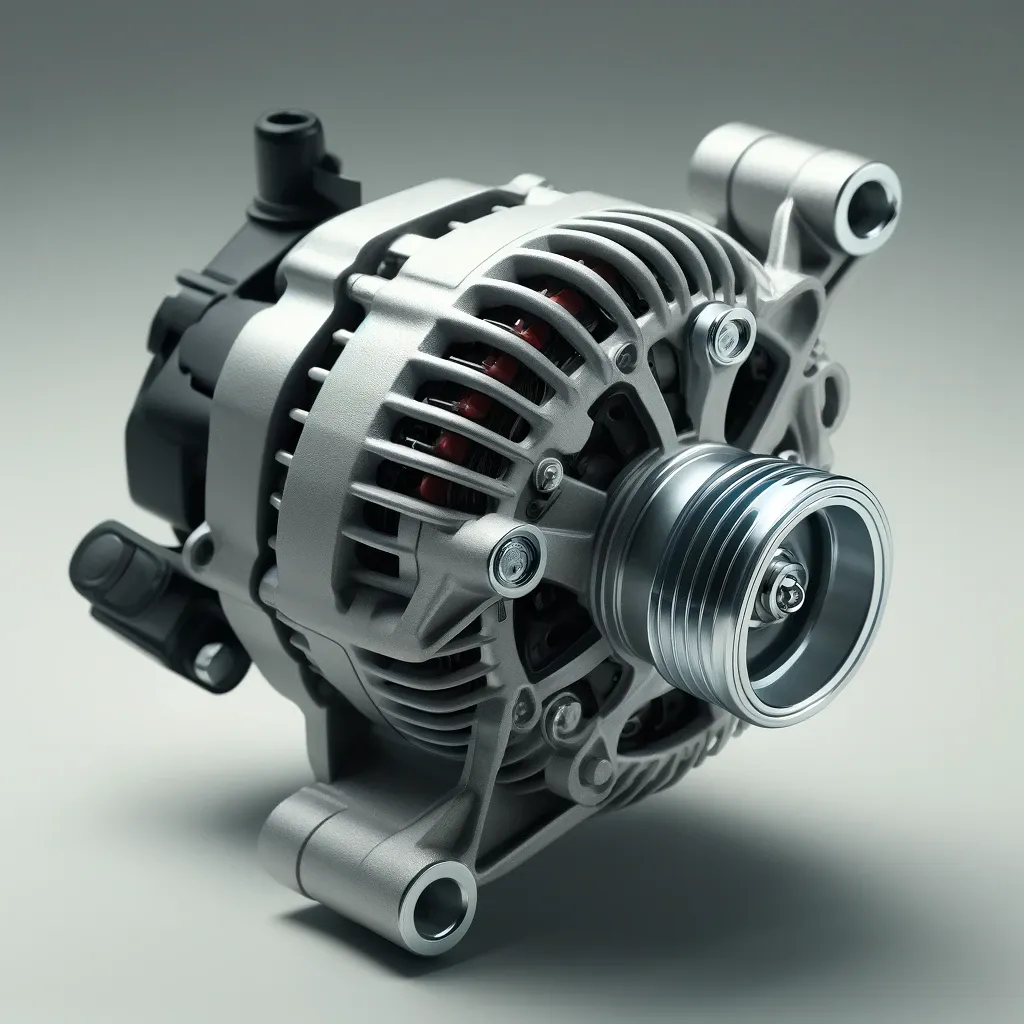 Alternador (alternator), que carrega a bateria e alimenta o sistema elétrico com o motor ligado.