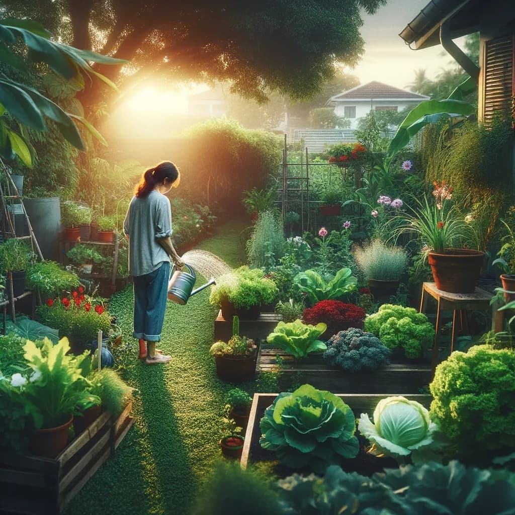 Jardim de quintal com flores e hortaliças plantadas e cuidadas diariamente