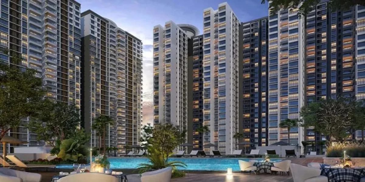 Complexo de apartamentos (apartment complex) com vários prédios e áreas comuns como academia e piscina.
