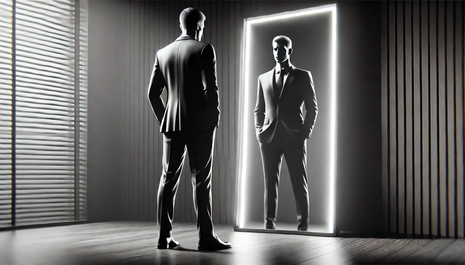 Executivo em terno refletindo no espelho, imagem hiper-realista preto e branco, representando pronomes reflexivos na gramática inglesa.