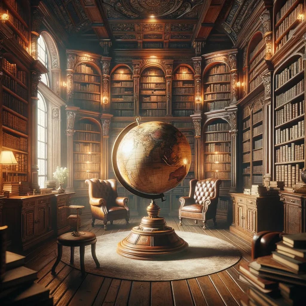 Biblioteca com globo no meio ilustrando a complexidade do mundo para um texto sobre a diferença entre conjugação verbal e tempo verbal
