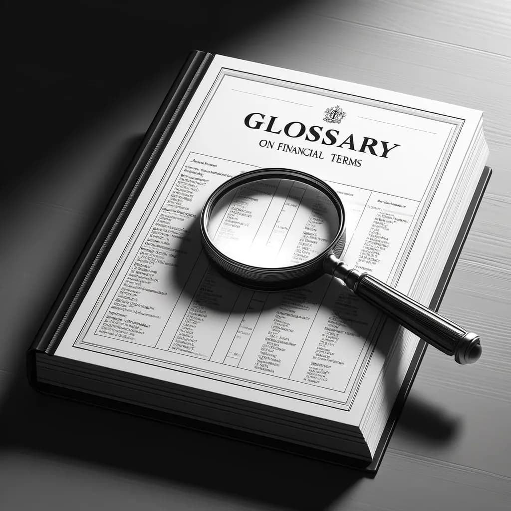 Ilustracao de glossario de termos financeiros em ingles com simbolos de mercado e financas para executivos