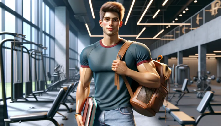 Estudante universitário equilibrando estudos e treino na academia ao longo do dia