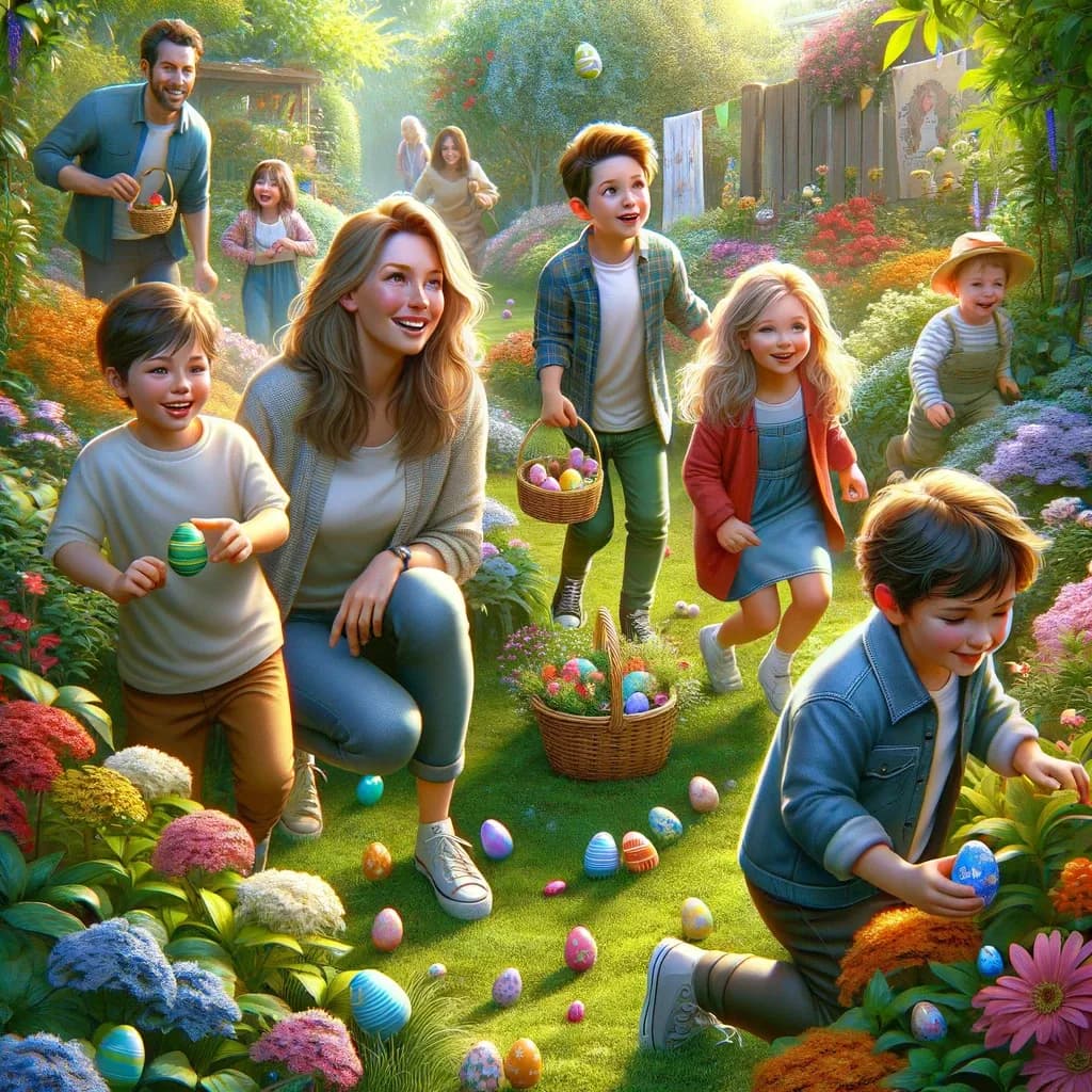 Crianças com cestas procurando ovos de Páscoa coloridos escondidos em um jardim