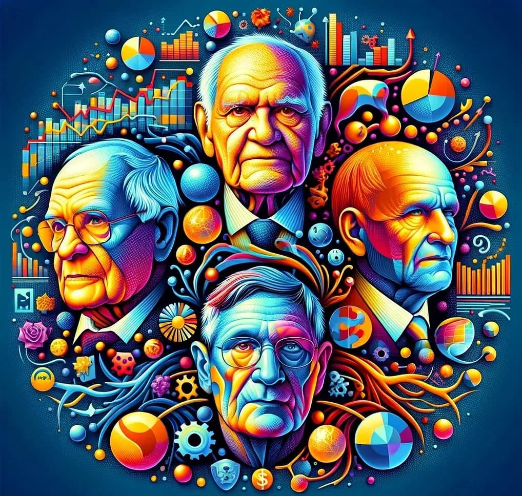 Imagem dos vencedores do prêmio Nobel que estudaram de economia comportamentl. Daniel Kahneman, Vernon L. Smith, Robert J. Shiller e Richard Thaler