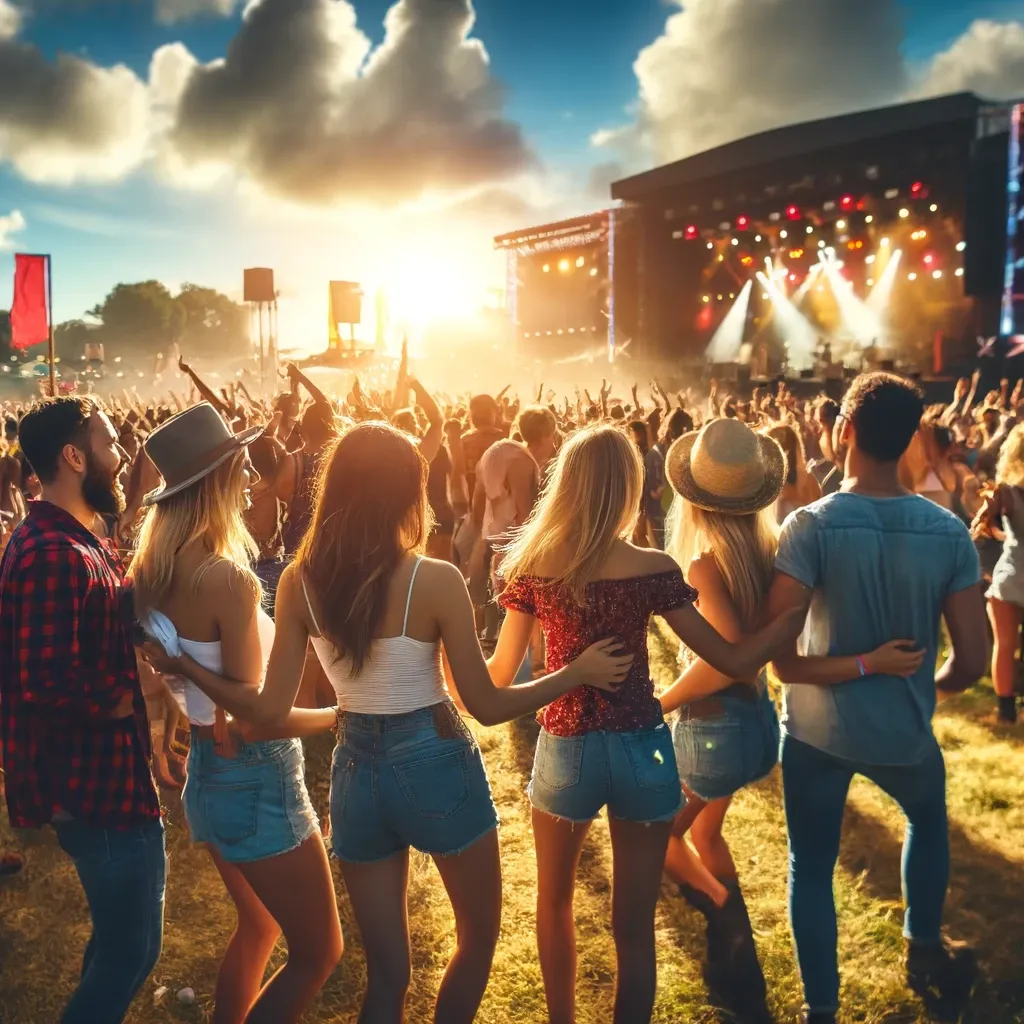 Grupo de amigos dançando e curtindo um festival de música