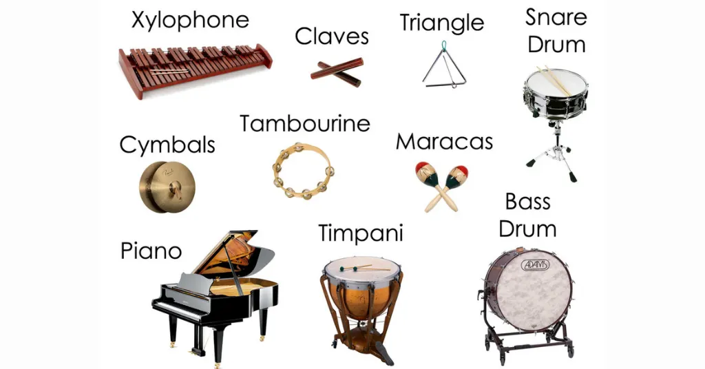 Instrumentos de percussão, como tambores, que ampliam o vocabulário musical em inglês