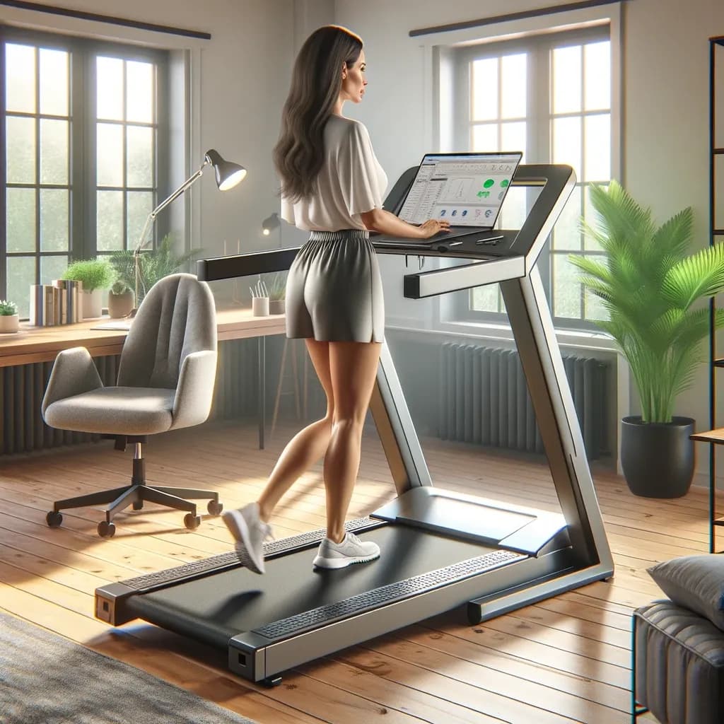 Esteira de trabalho (treadmill desk) montada no home office para trabalhar caminhando.