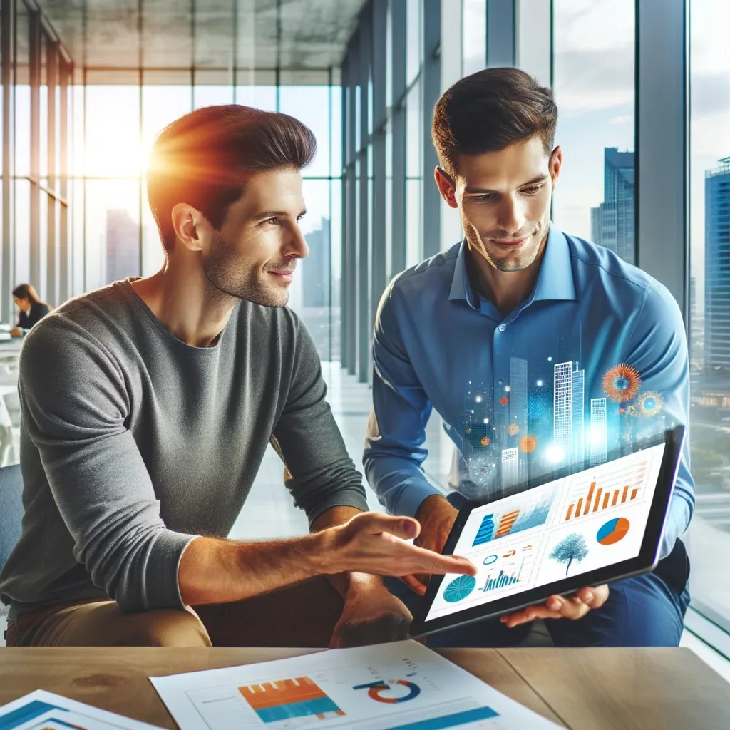 Colegas de trabalho discutindo ideias de um novo projeto no escritório
