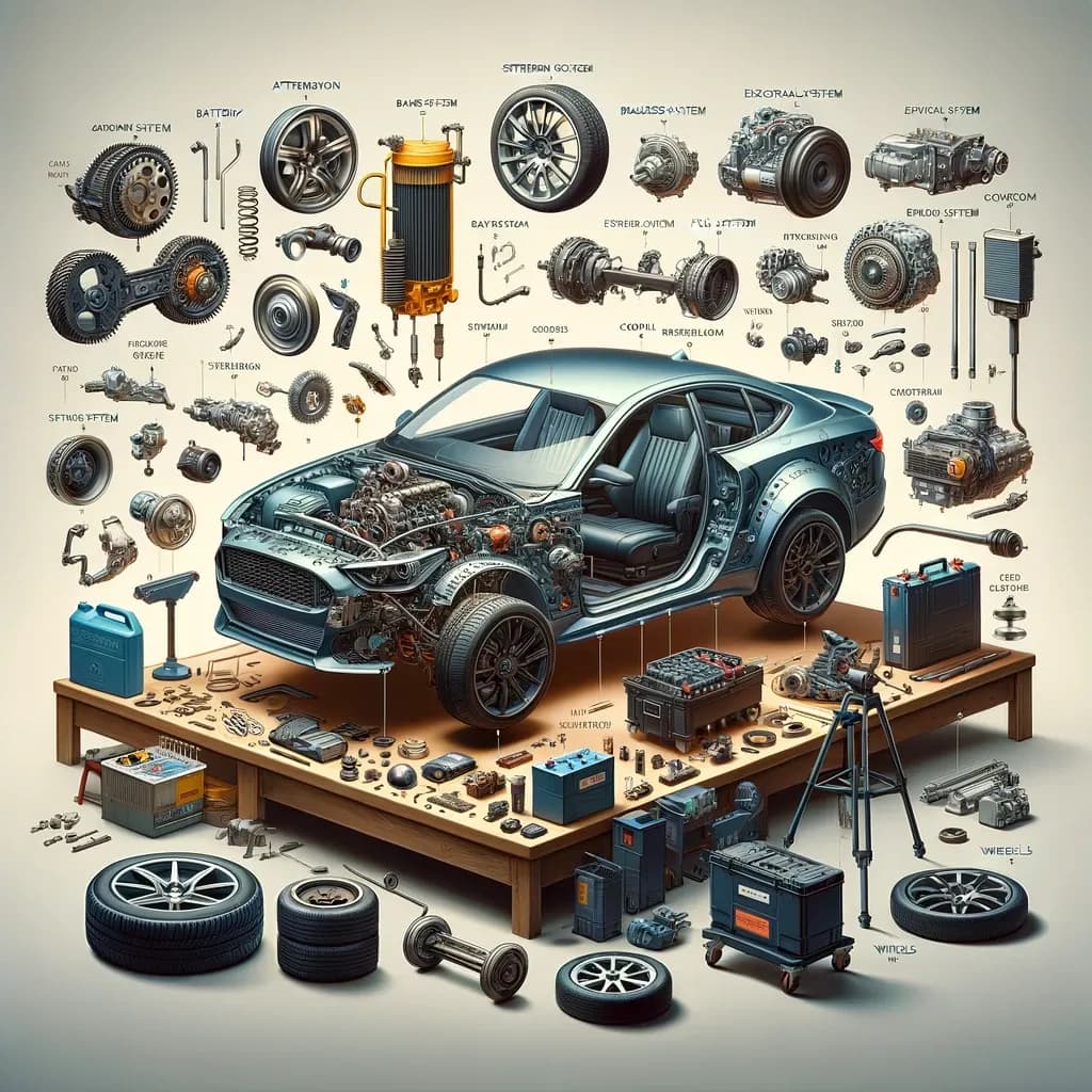 Carro com as principais partes em destaque, abrindo o vocabulário de peças do automóvel em inglês.