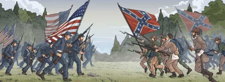 Imagem da Guerra Civil Americana: Representação de soldados da Guerra Civil Americana, destacando o conflito entre o Sul Confederado e o Norte da União.