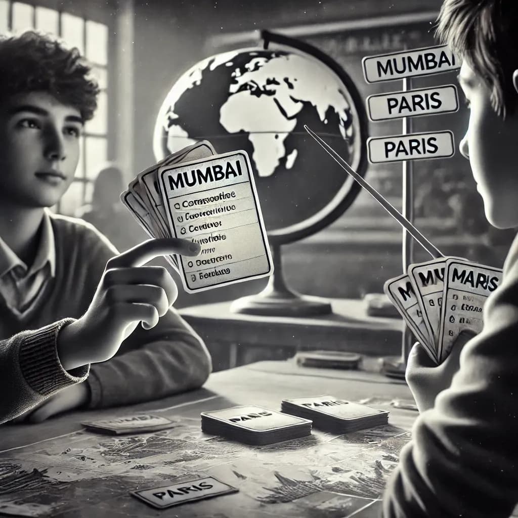 Dois estudantes em uma competição amigável usando dados de cidades. Um estudante aponta para uma característica em um cartão etiquetado como 'Mumbai', enquanto o outro segura um cartão etiquetado como 'Paris'. Ao fundo, um globo e um mapa-múndi são visíveis. A imagem é em preto e branco e hiper-realista, ambientada em uma sala de aula.