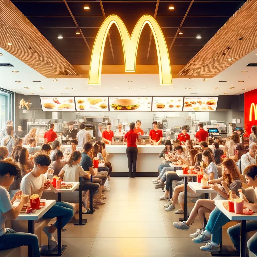 Lanche estilo McDonald's com hambúrguer e batatas fritas, ilustrando o texto em inglês sobre a maior rede de fast food do mundo.