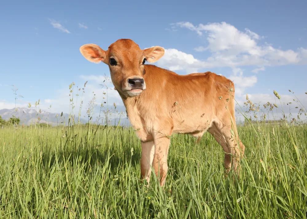 Bezerro (calf) no campo ilustrando vocabulário de fazenda em inglês