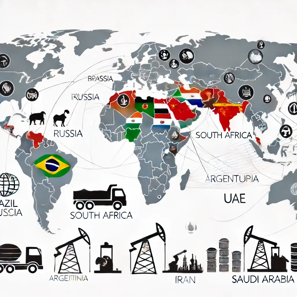 Ilustração dos países que formam o grupo expandido dos BRICS e seu peso na economia global.