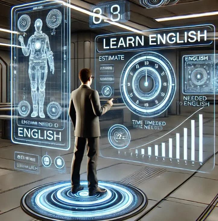 imagem futurística hiper-realista simplificada para ilustrar "Estimando o Tempo para Aprender Inglês