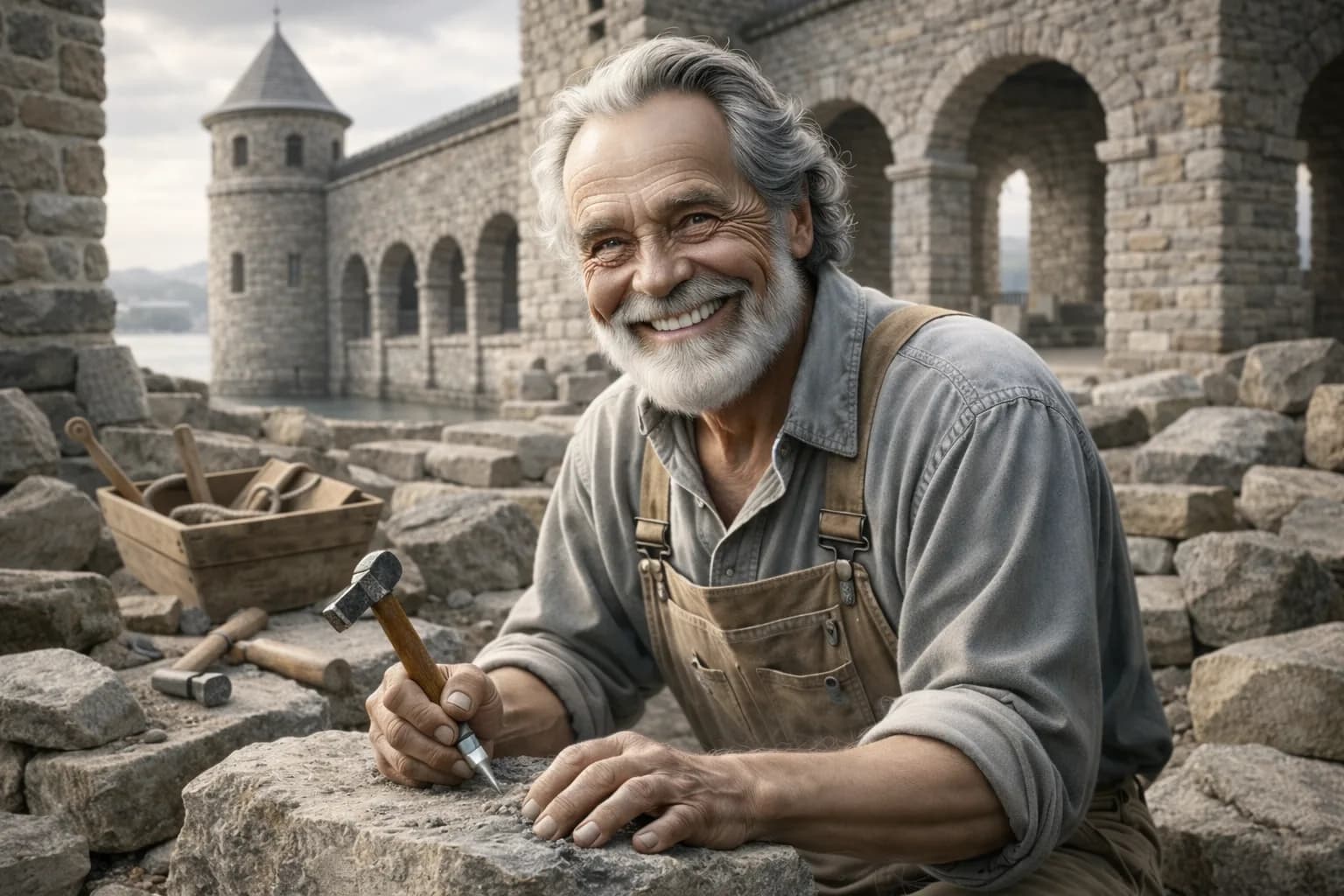 Ilustração de Fred Hampshire, pedreiro de pedra apaixonado por arquitetura histórica