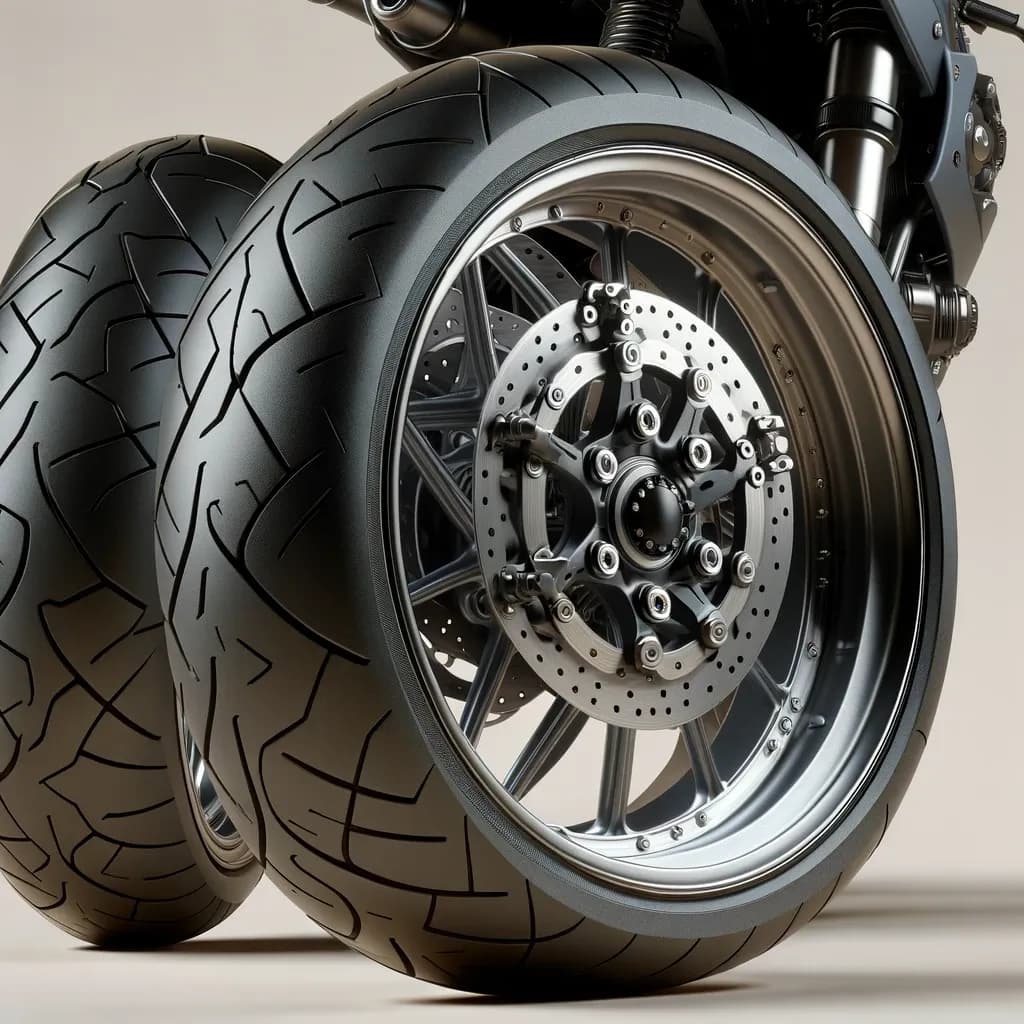 Rodas dianteira e traseira de uma motocicleta, ilustrando a palavra wheels em inglês