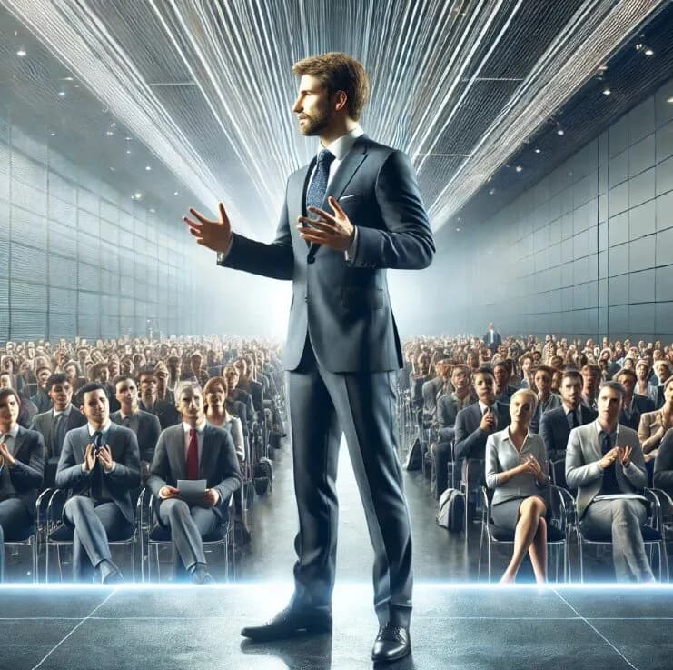 Executivo falando de forma cativante para uma multidão em uma conferência. A imagem destaca o ensino de inglês para executivos, com foco em aulas particulares para adultos, disponíveis online. O executivo está confiante e a audiência está atenta e engajada